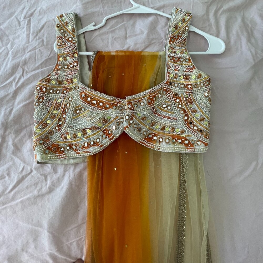 White & Orange Lehenga with Ombré Dupatta – Size Small